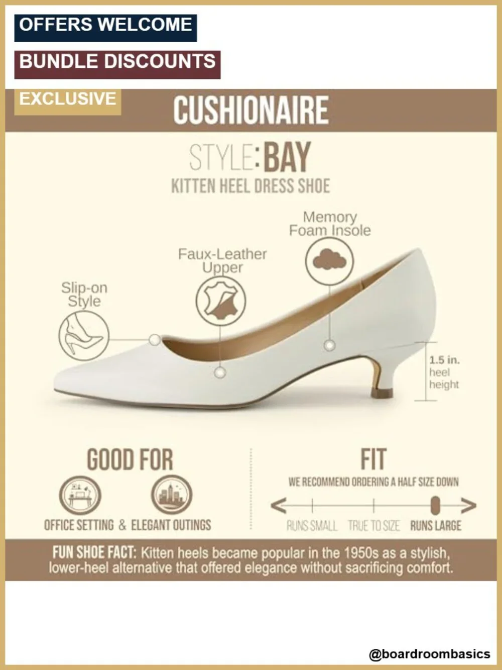 Women's Pointed Toe Kitten Heel Pumps with Memory Foam